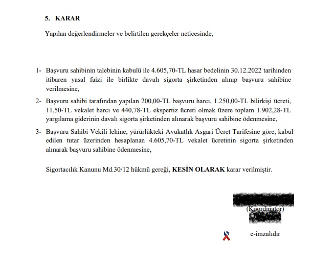 Hasar Kaybı Tazminatı Sigorta Tahkim Komisyonu Hakem Kararı