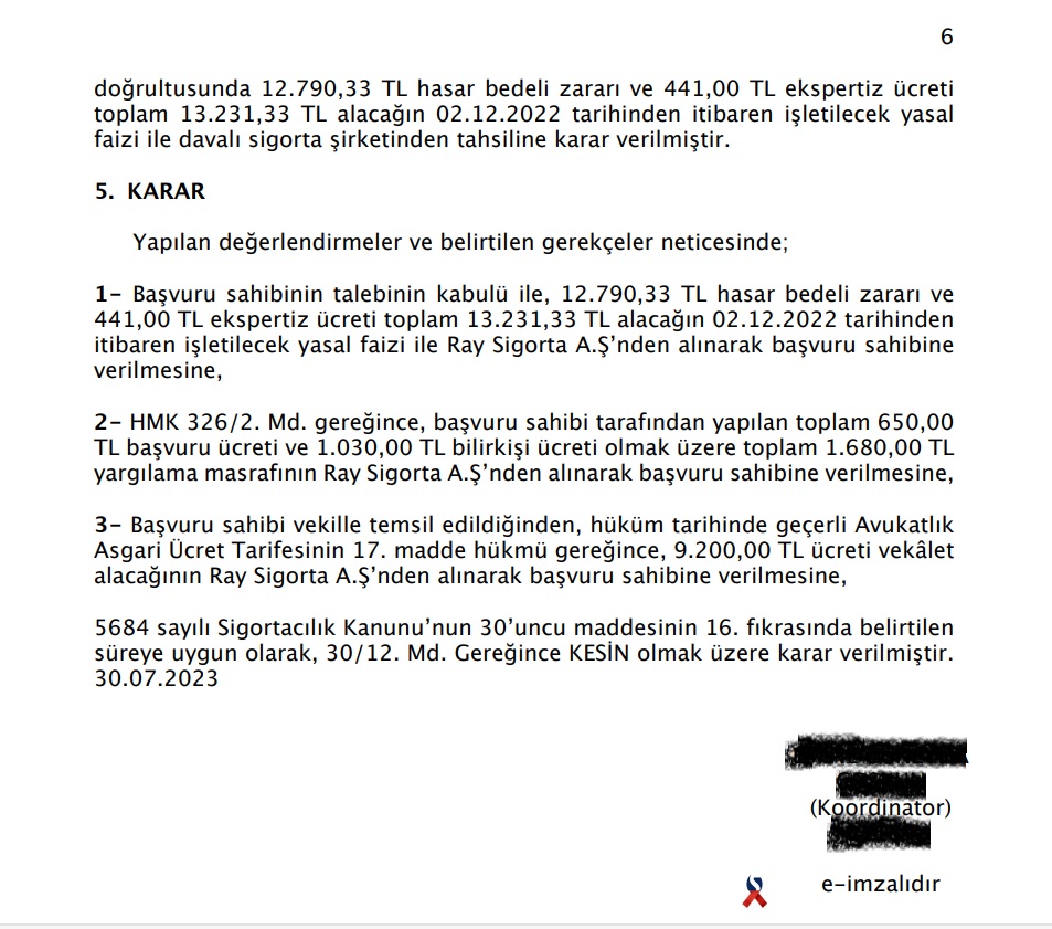 Sigorta Tahkim Komisyonu Hasar Kaybı Hakem Kararı
